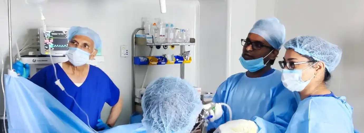 Surgical team performing a hepatobiliary operation